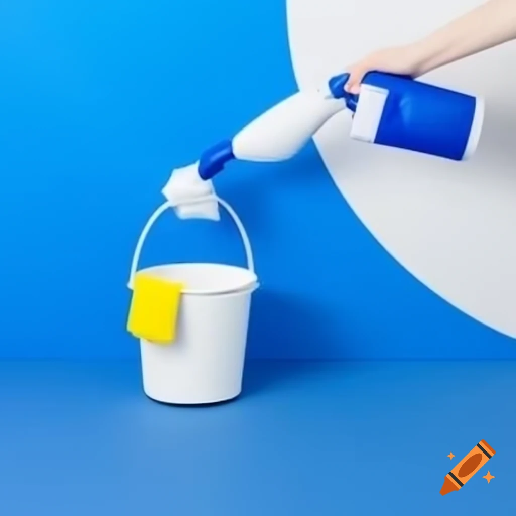 Advertisement for house cleaning services featuring a cleaning bucket on blue and white background