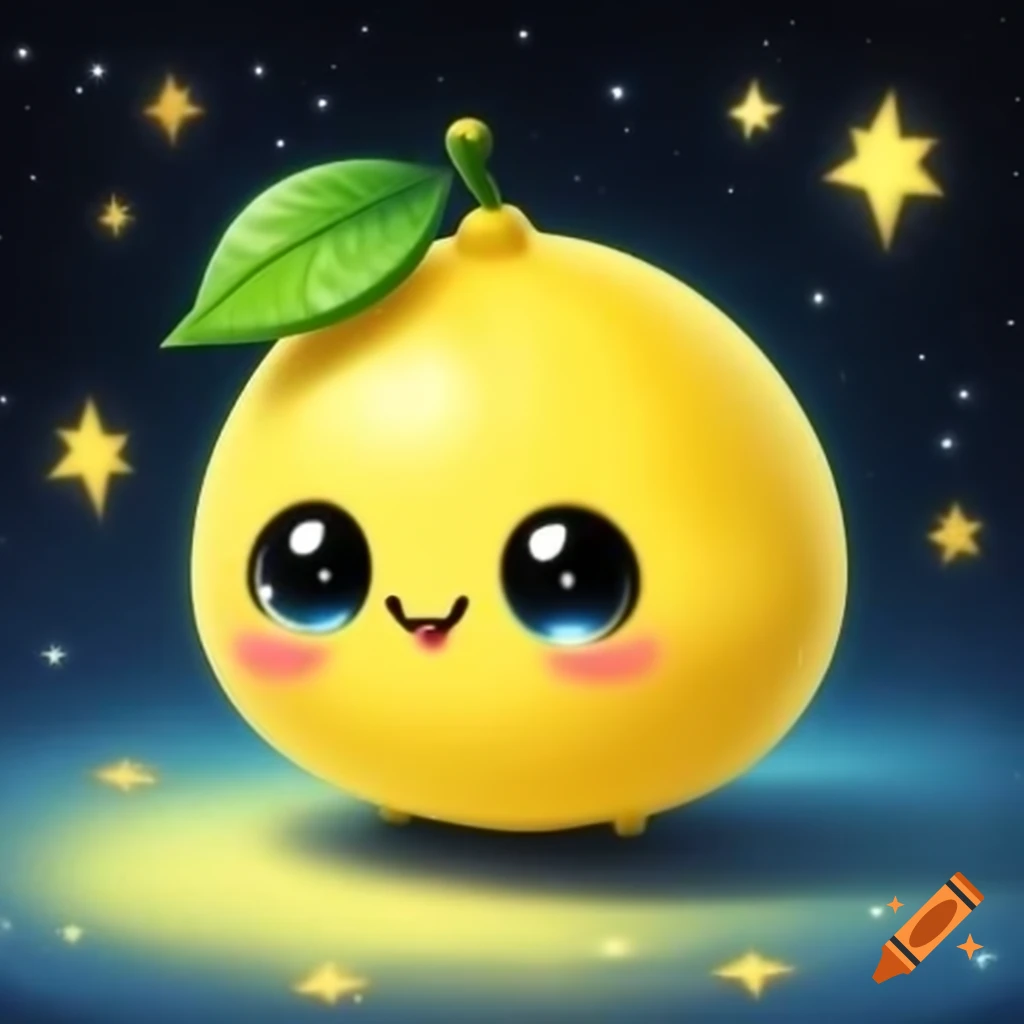 Cute lemon character with large black eyes and pink smile against starry sky