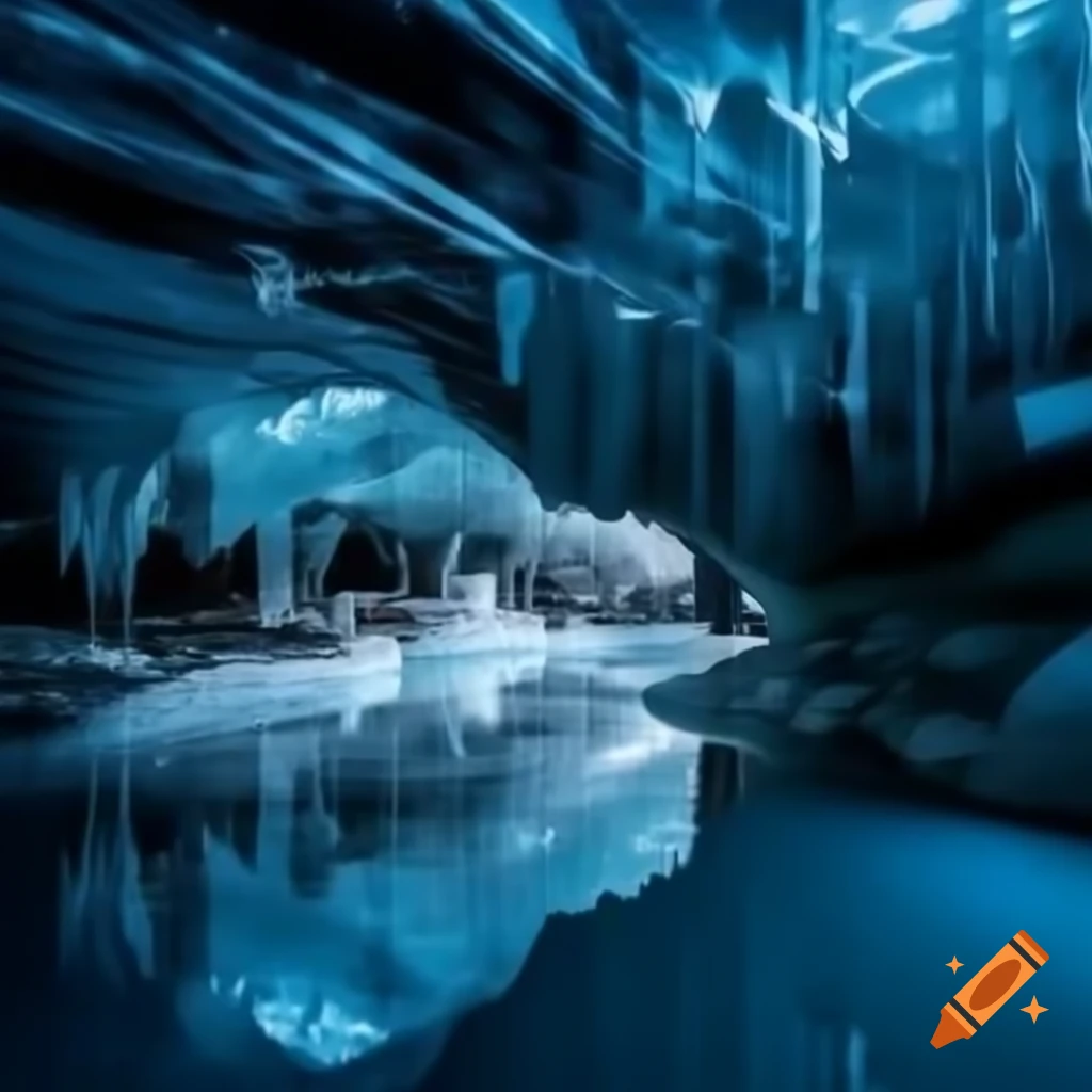 Dark underground ice cave with frozen lake