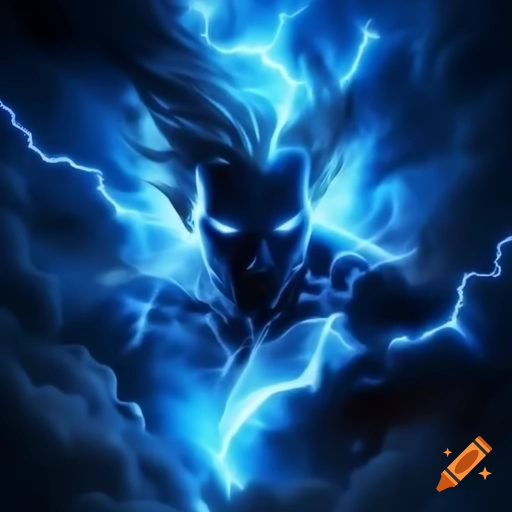 Magical blue lightning with intense lightning eyes showcasing destructive power