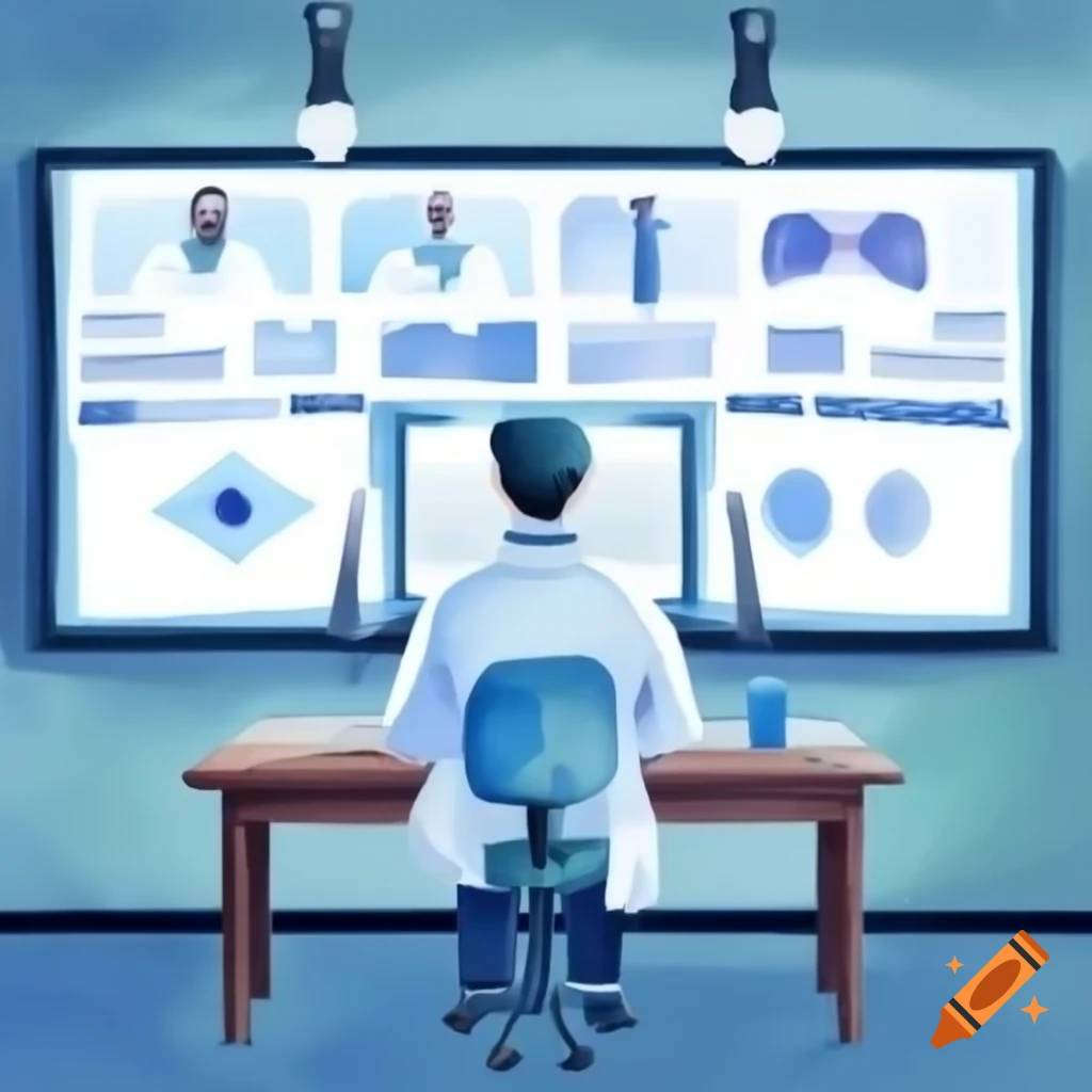 Watercolor of medical doctor reviewing images on screen in modern office