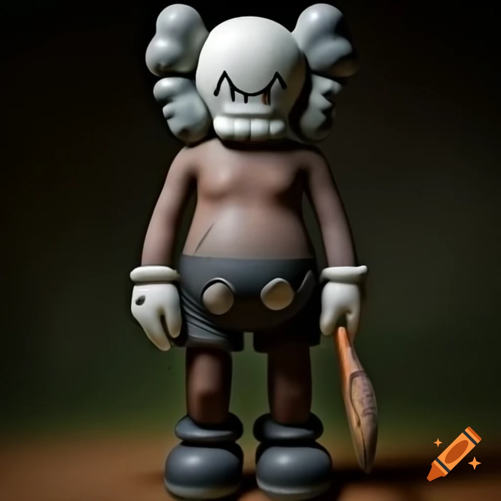 Kaws figure with Aboriginal weaponry symbolizing modern and ancient art fusion