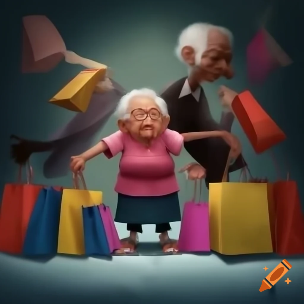 Grandma struggling with heavy shopping bags on the ground