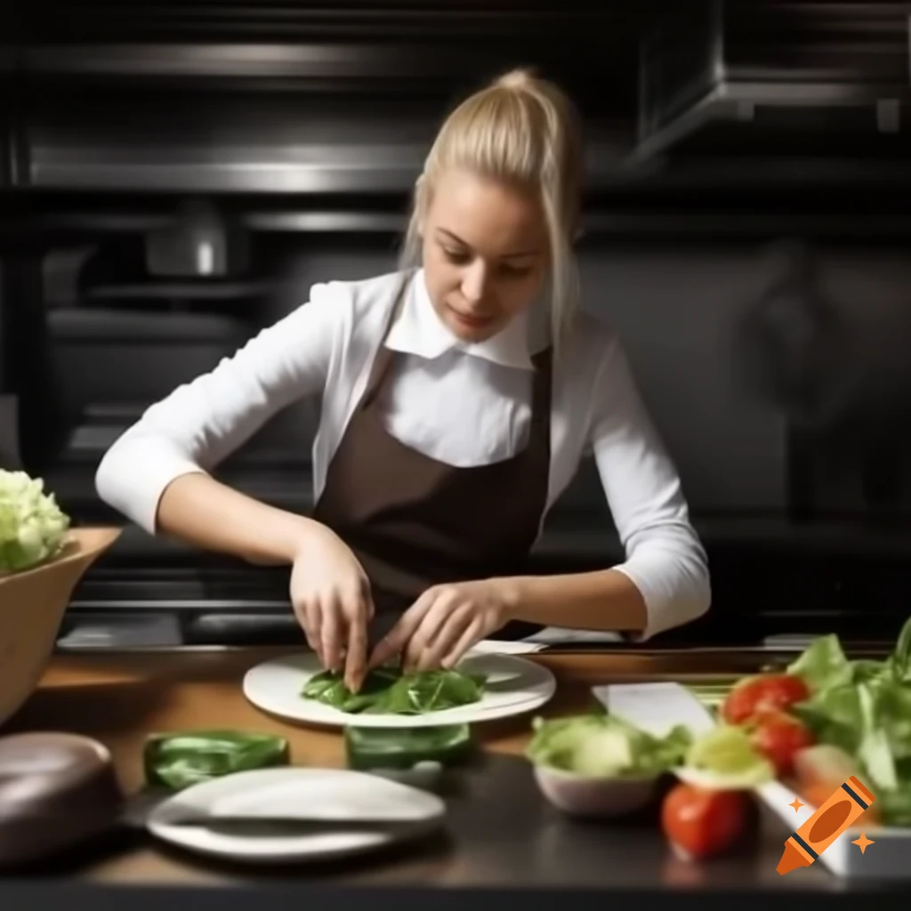 Blond girl preparing salad at Italian restaurant