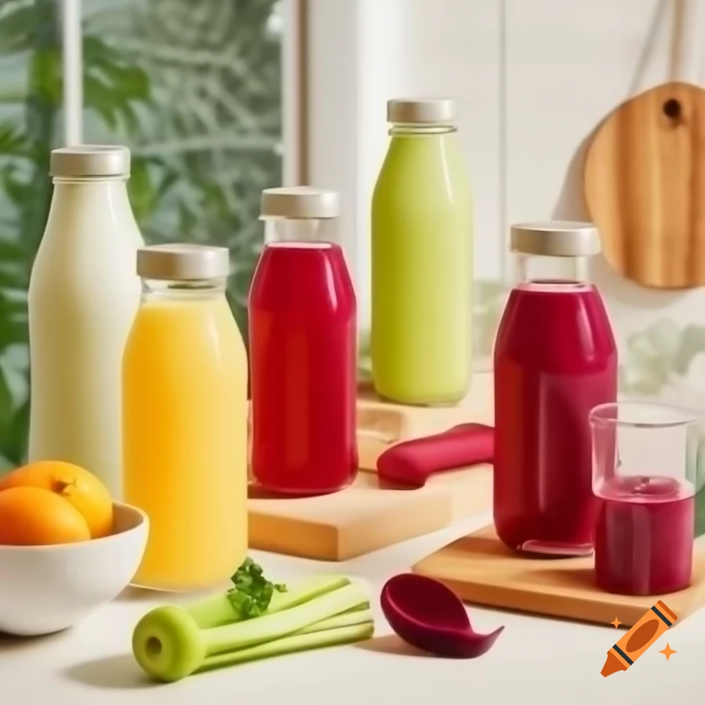 Variety of juice bottles including beetroot, kale, ginger, and celery juices