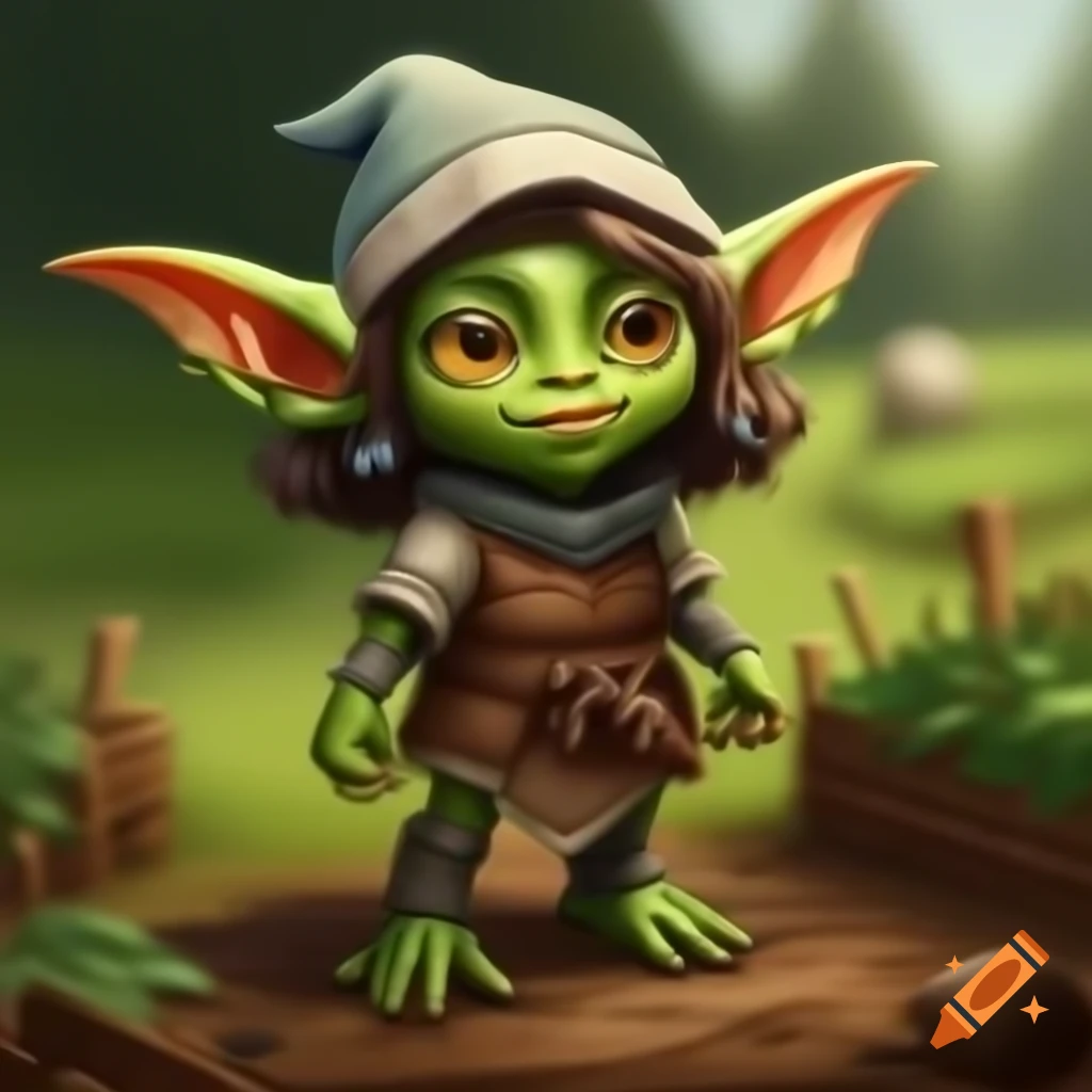 Cute green-skinned goblin girl in a farm setting, semi-realistic fantasy drawing