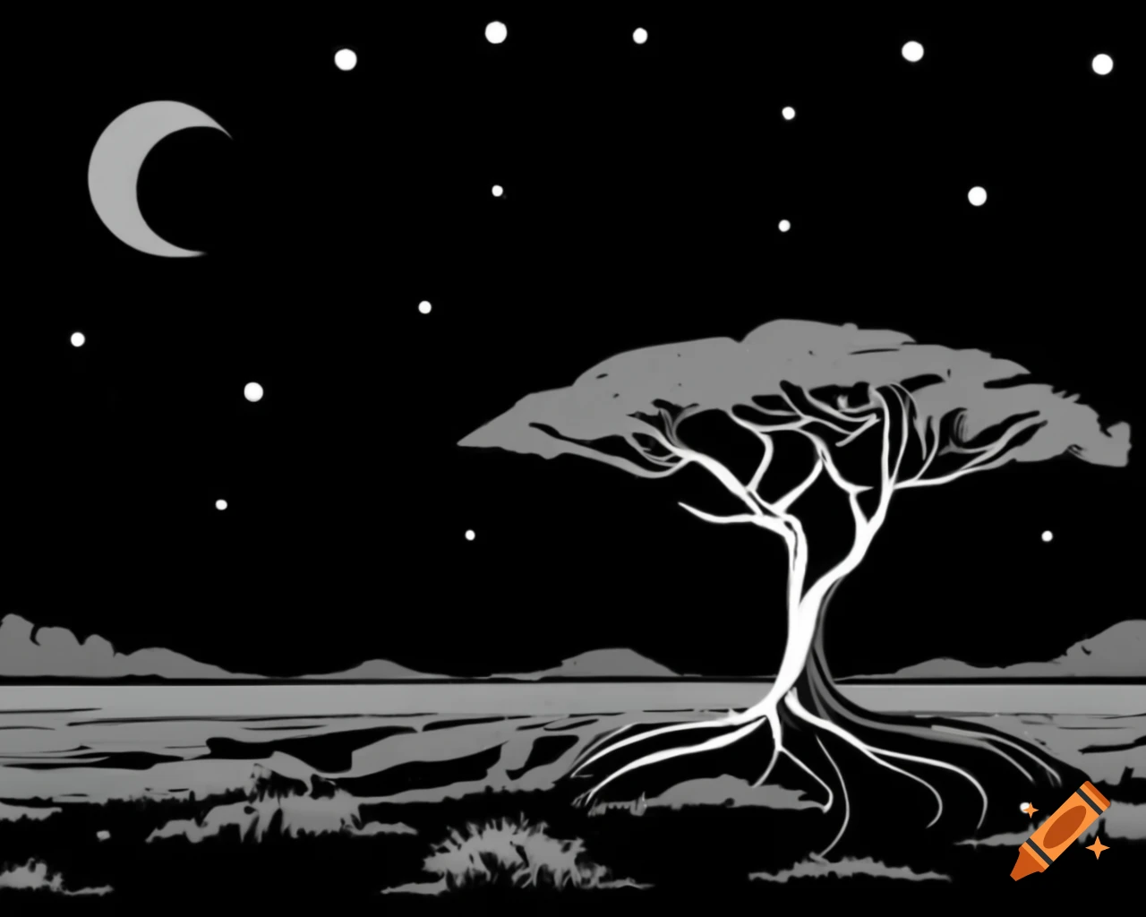 Black and white drawing of a tree in the African savannah at night