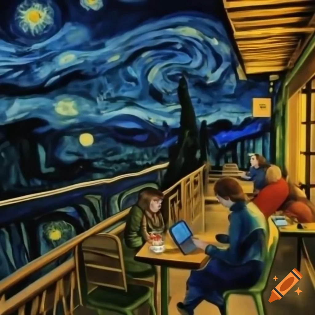Blend of Van Gogh's 'Café Terrace at Night' featuring people using laptops
