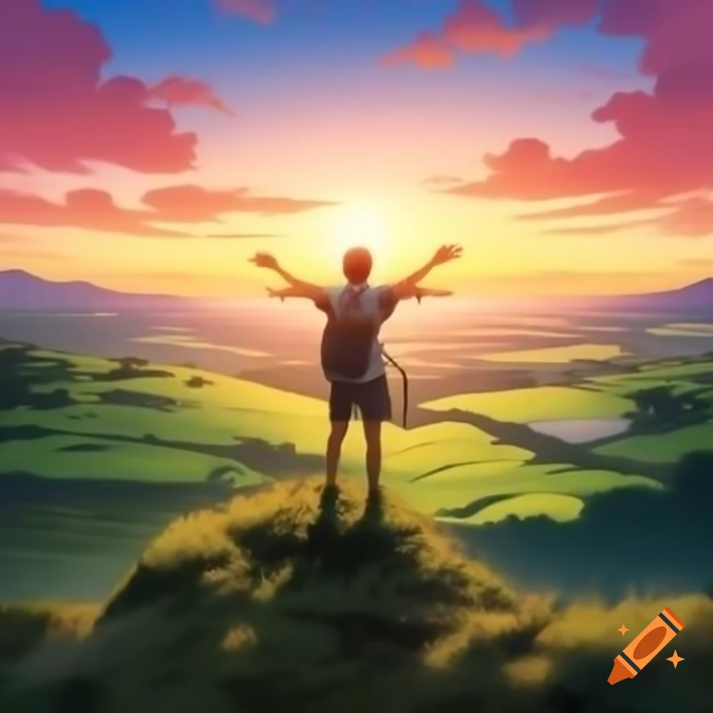 Serene sunrise over green valley with spiritual guru welcoming viewers