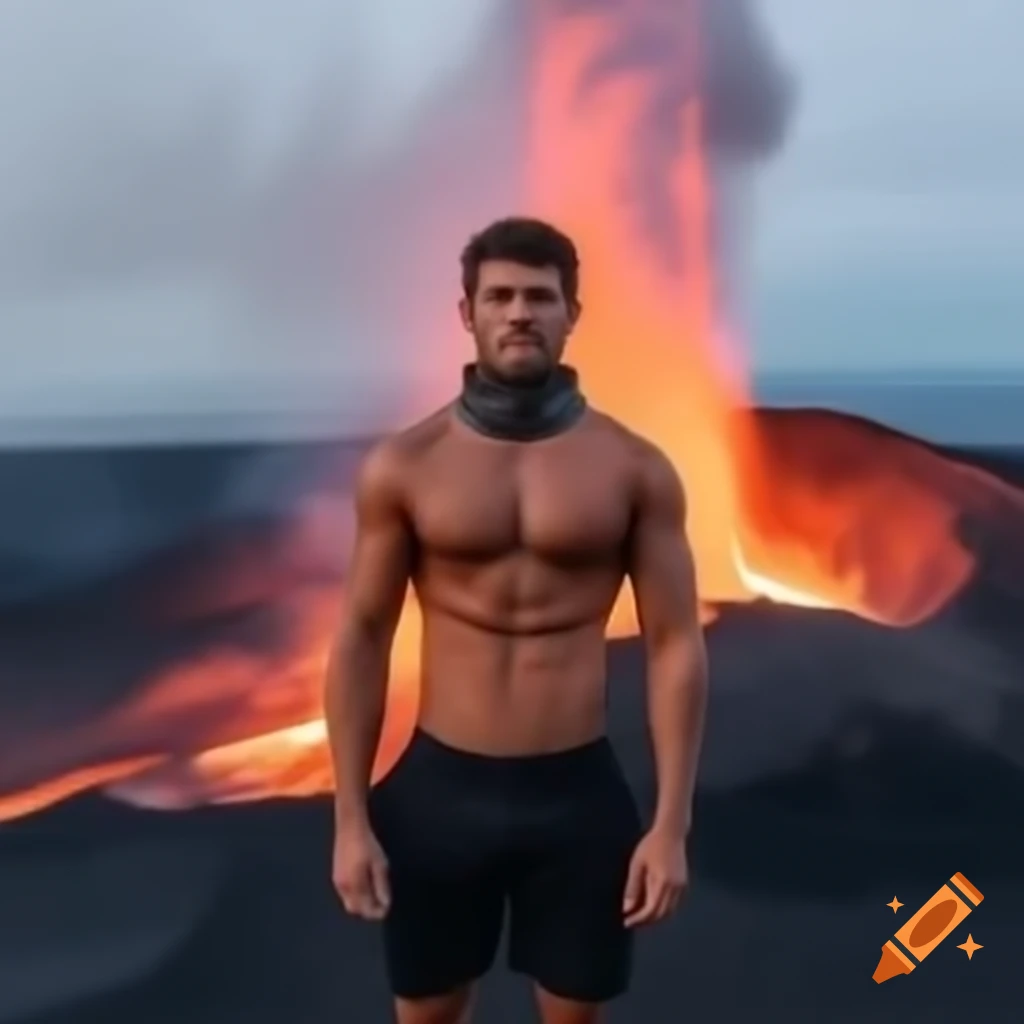 Man with cooling collar abseiling into a volcano