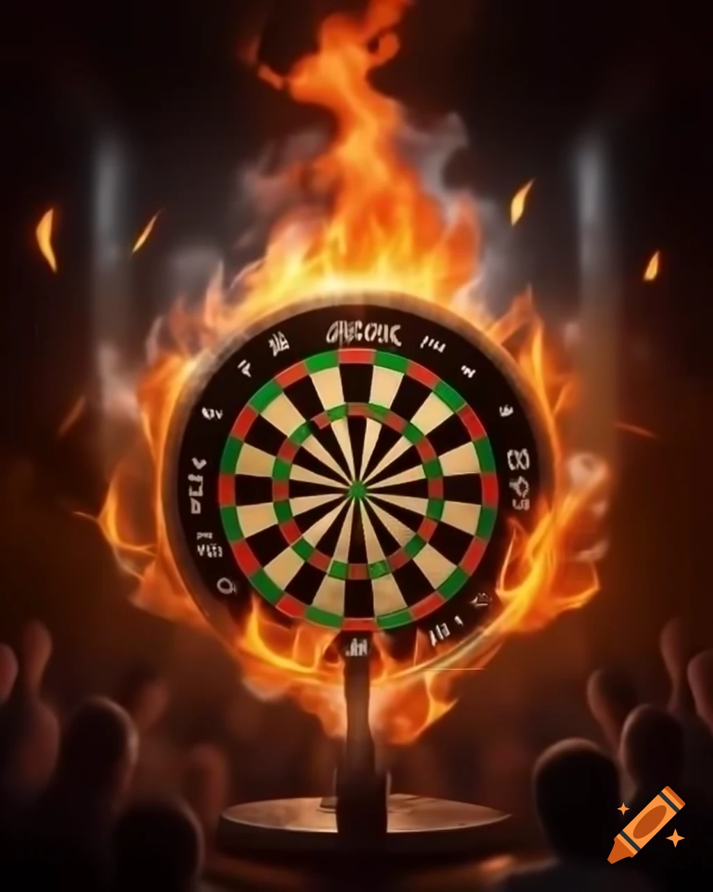 Flaming dart striking target board in energetic competitive play