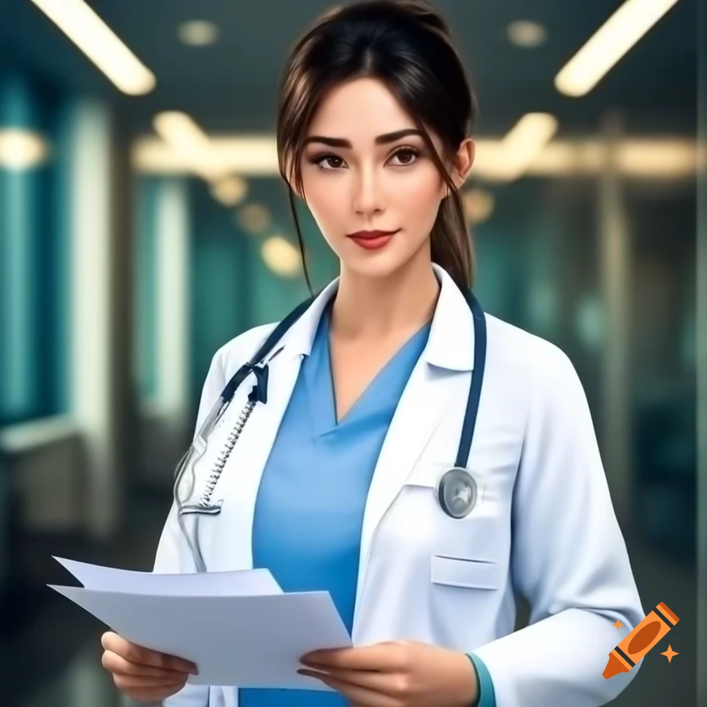 Female doctor in professional setting holding medical documents with confident expression