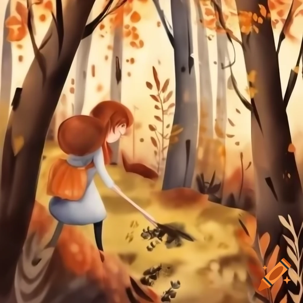 Woman wandering in autumn woods surrounded by colorful foliage