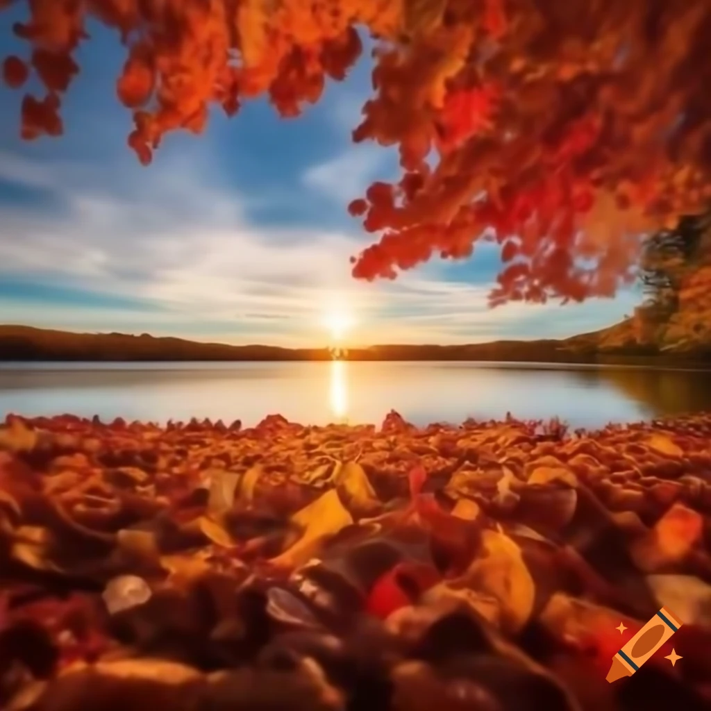 Autumn sky with red leaves and warm sunlight over a lake