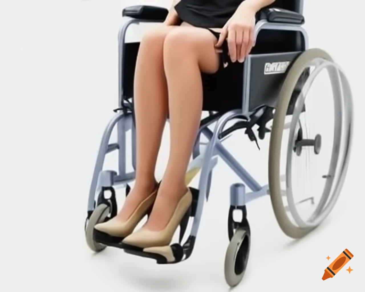 Blonde paraplegic woman in wheelchair wearing a skirt and pumps