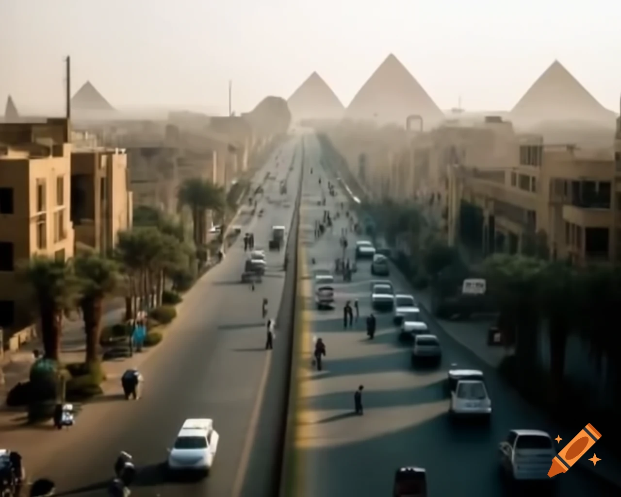 Hyper realistic cityscape of Cairo featuring walking and cycling lanes, electric vehicles, and pyramids in the background