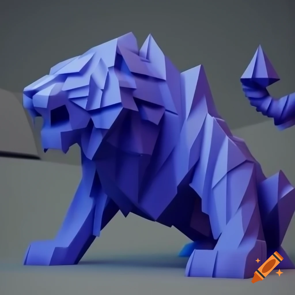 3D low-poly geometric tiger design in grayscale