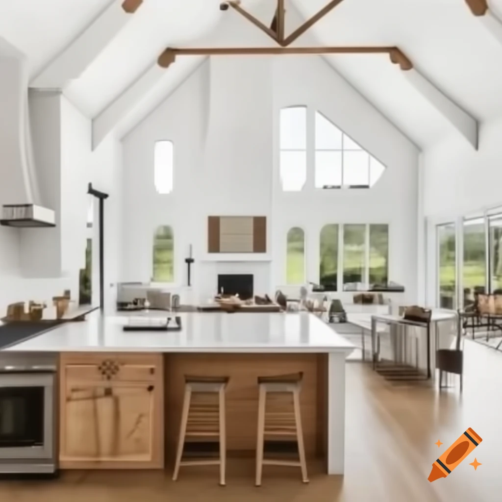 Spacious two-story barn dominium with open kitchen and living area featuring wood countertops and brick backsplash