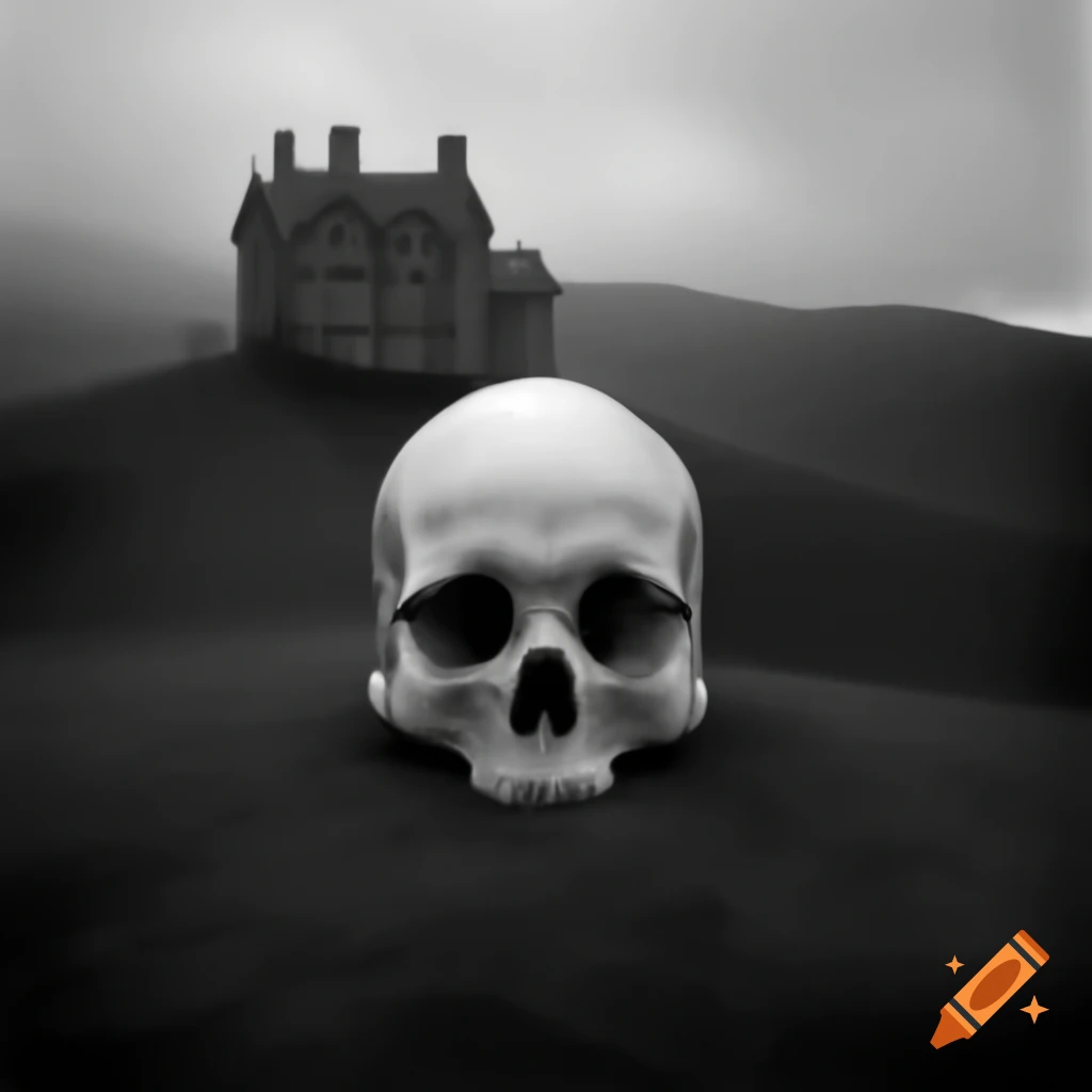 Dark vintage image of a giant skull at the entrance of a haunted manor