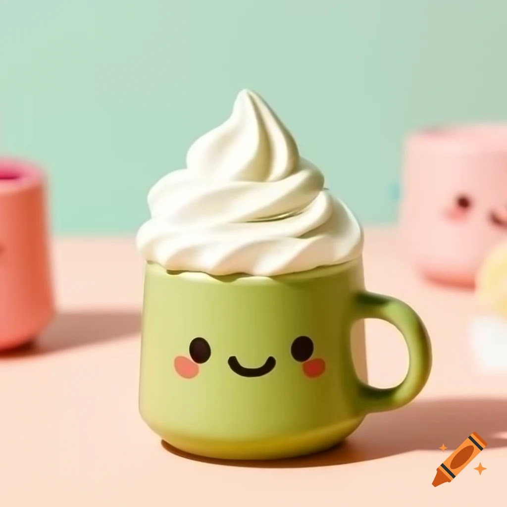 Cute matcha hot mug with whipped cream and pastel colors