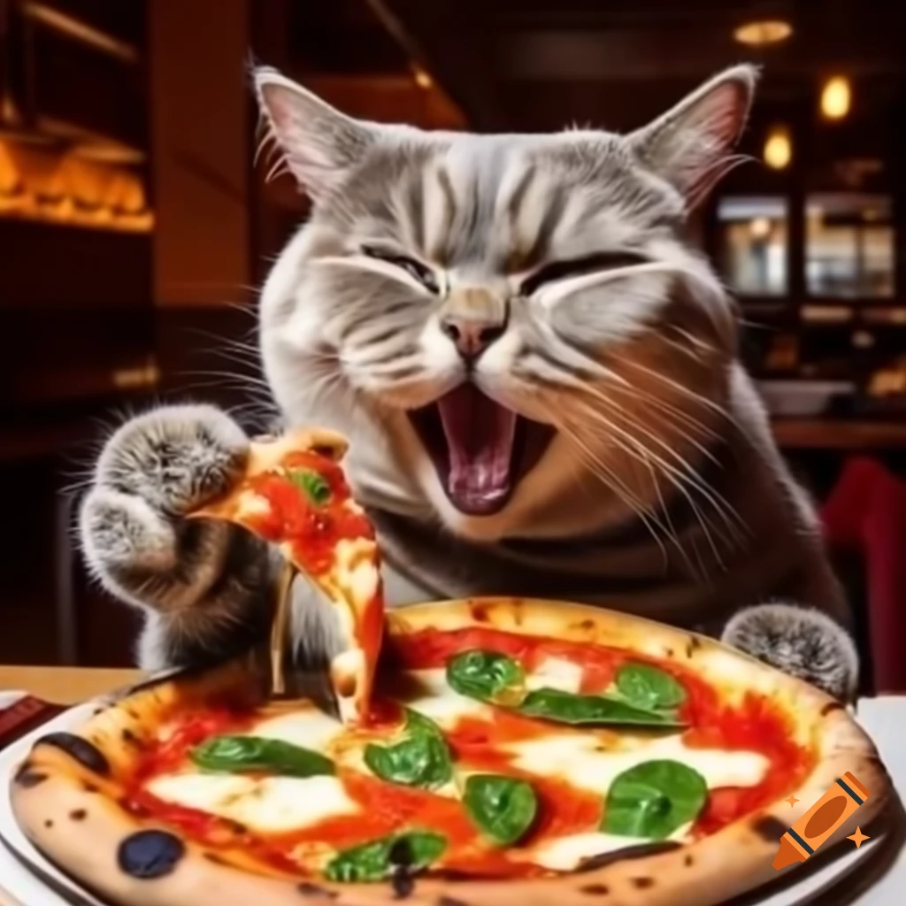 Large green cat enjoying pizza in Italian restaurant