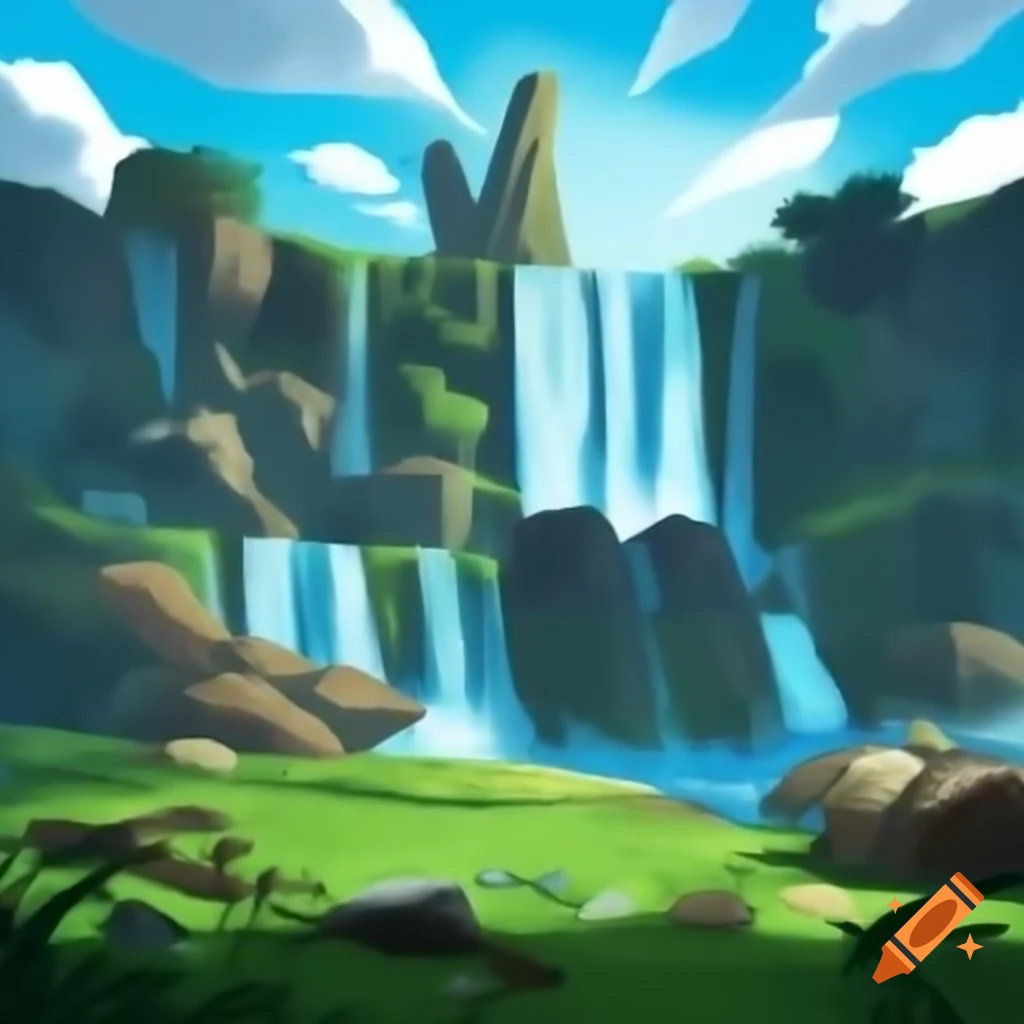 Scenic view with sky, clouds, river, waterfall, rocks, grass, and trees