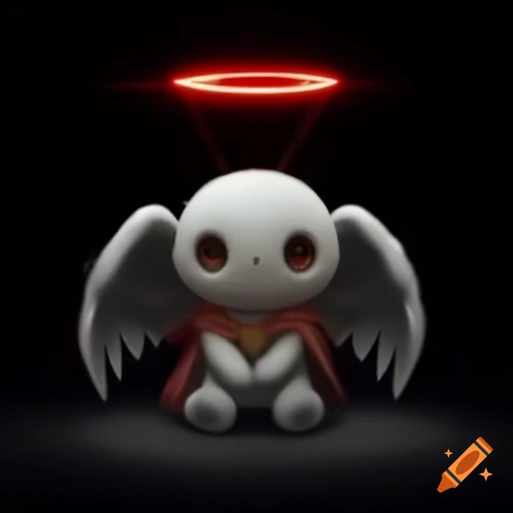Archangel plush with gray wings illuminated by red light on black background