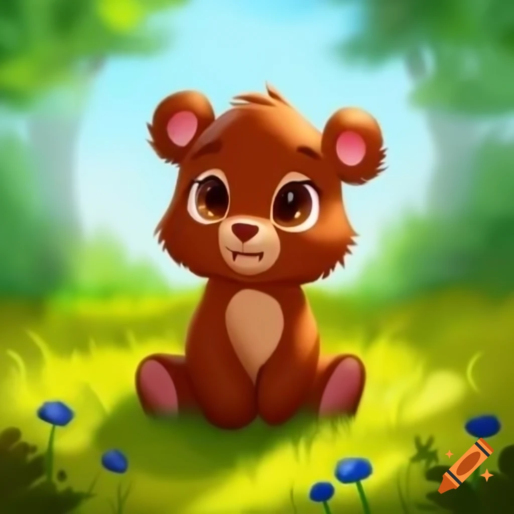 Cute bear playing in sunny meadow with flowers around ears