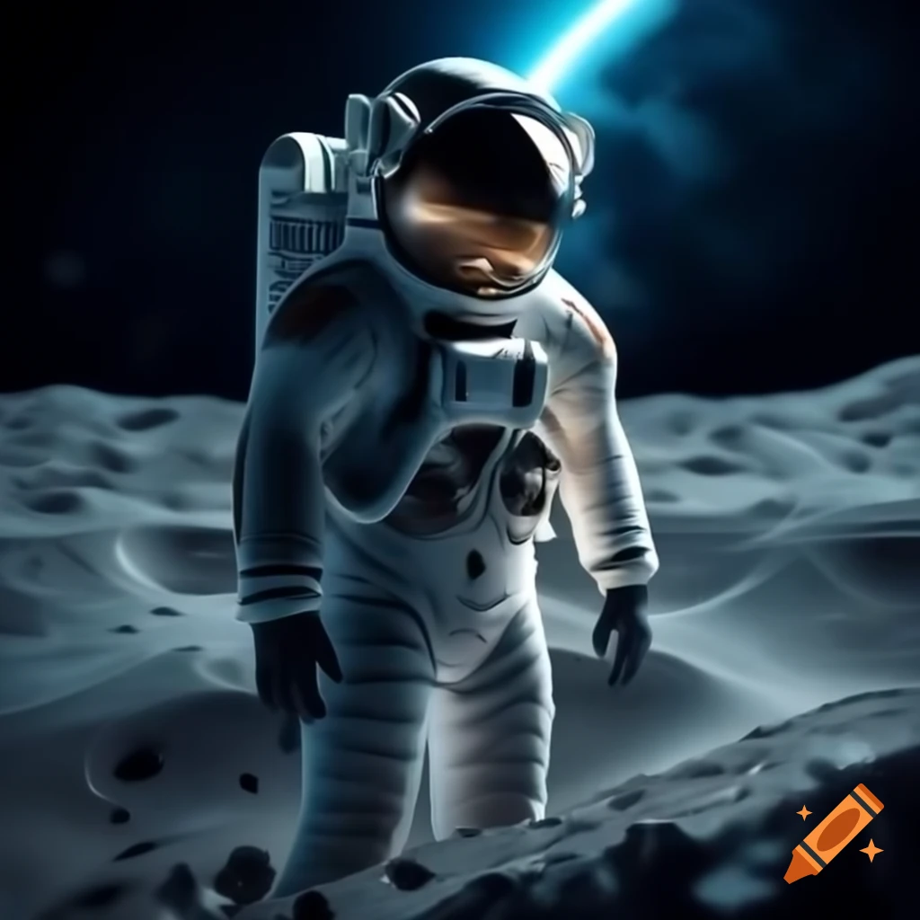 Realistic astronaut on moon surface with Earth in background and starry sky