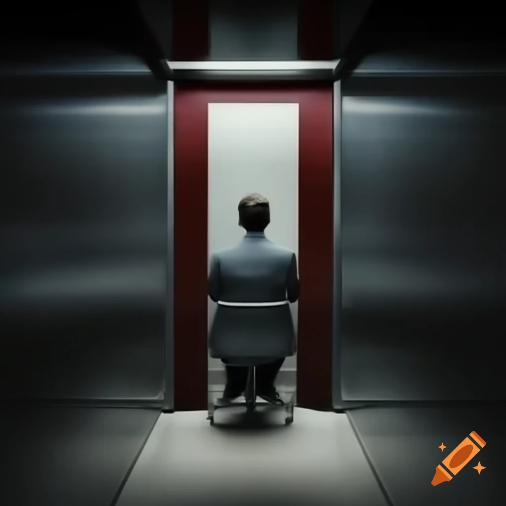 Man in office building elevator reflecting feelings of alienation