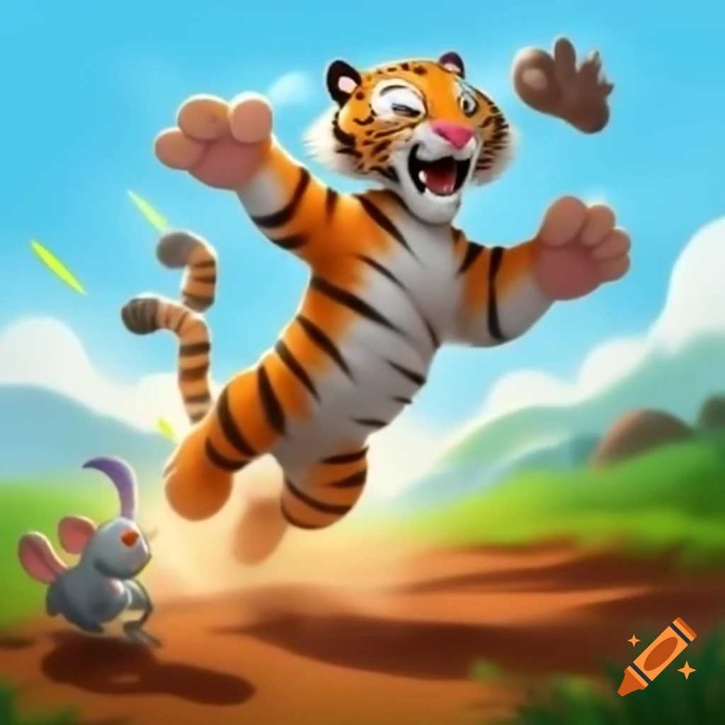 Playful tiger bouncing down path in dust cloud towards mouse