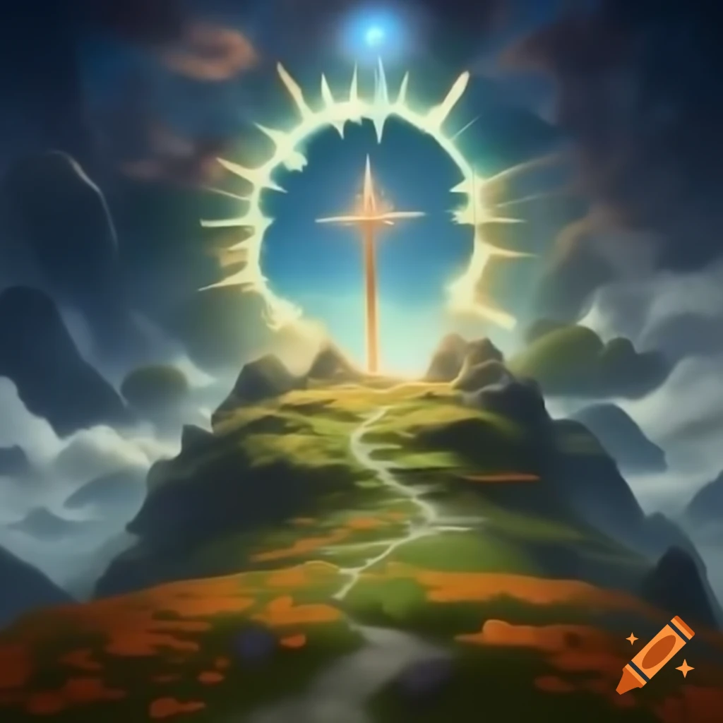 Mystical mountain clearing with ancient staff radiating energy