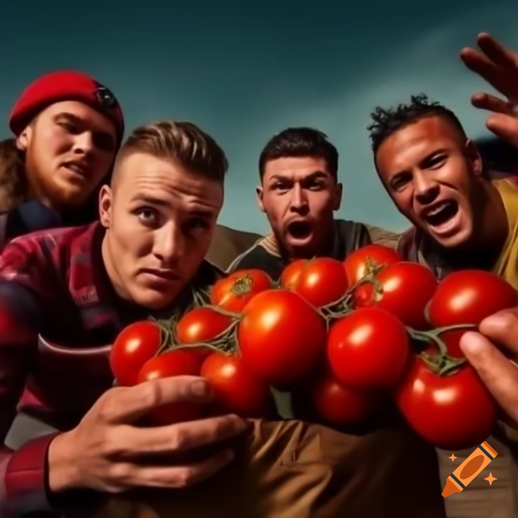 Five competitors with red tomatoes in a playful rivalry for a prize