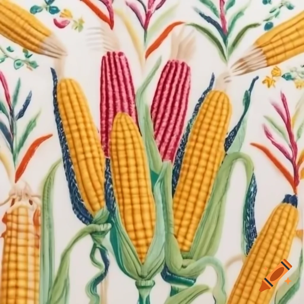 Vibrant tapestry of colorful corncobs in delicate embroidery