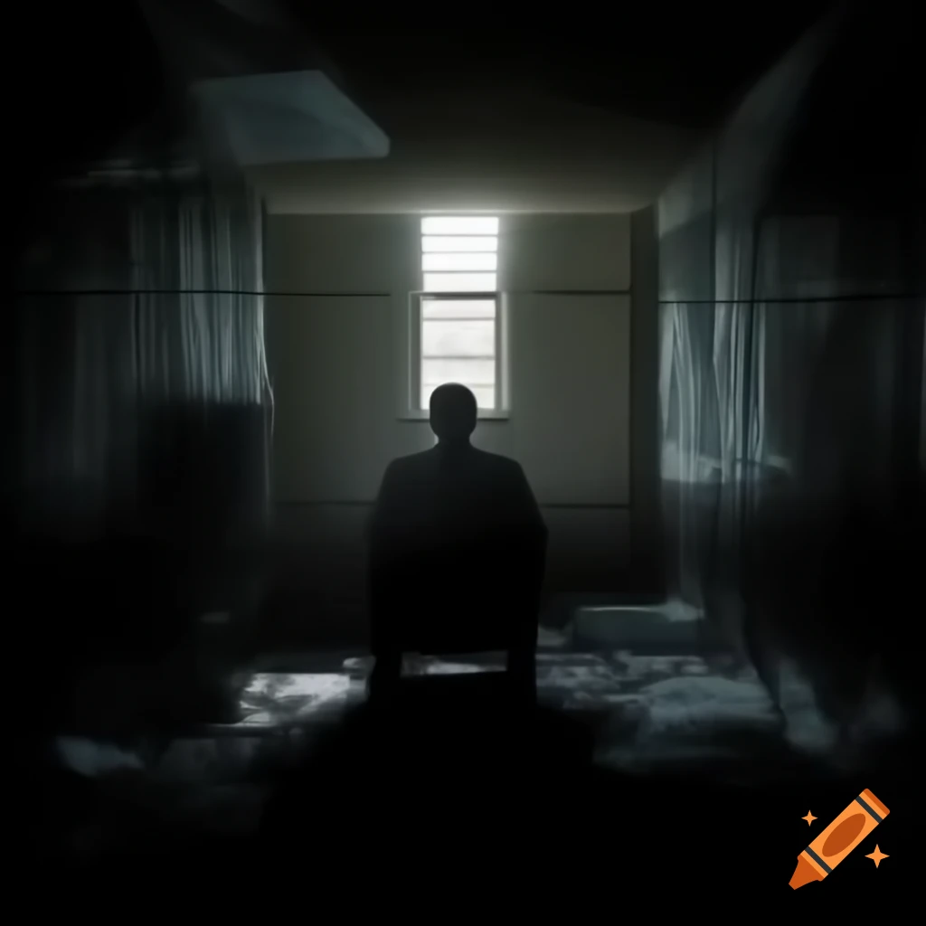 Sinister shadow in broken mirrored wall, evoking a courtroom atmosphere