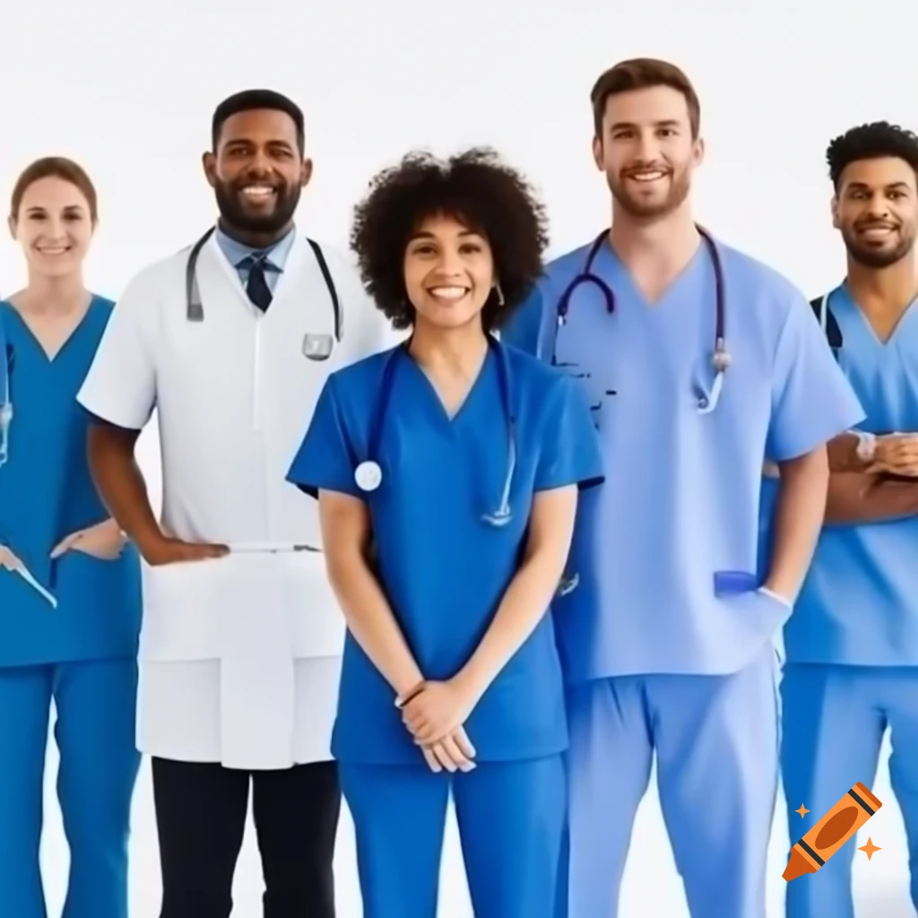 Diverse group of five nurses in scrubs, male and female