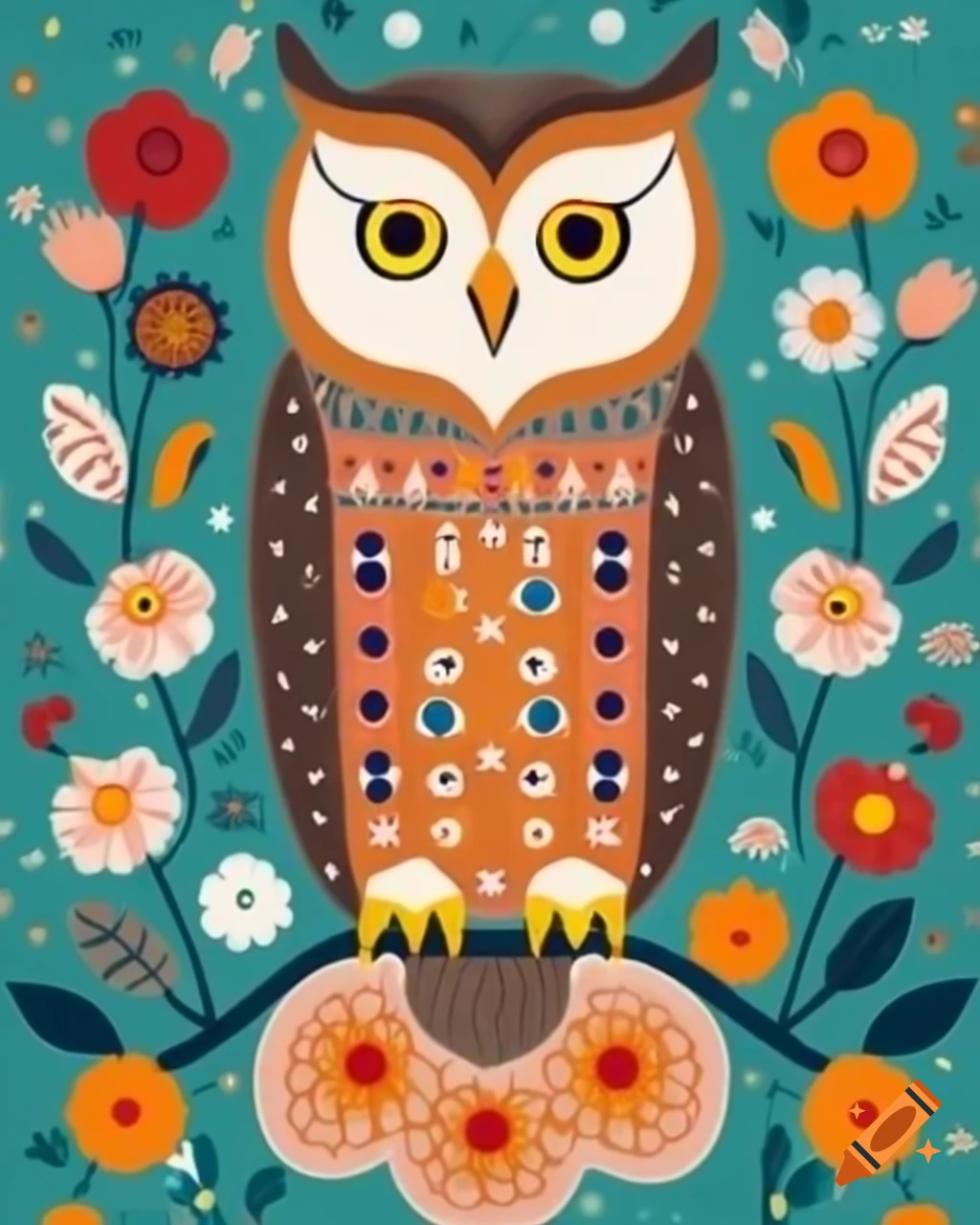 Naive art owl in natural colors with vintage Scandinavian whimsy