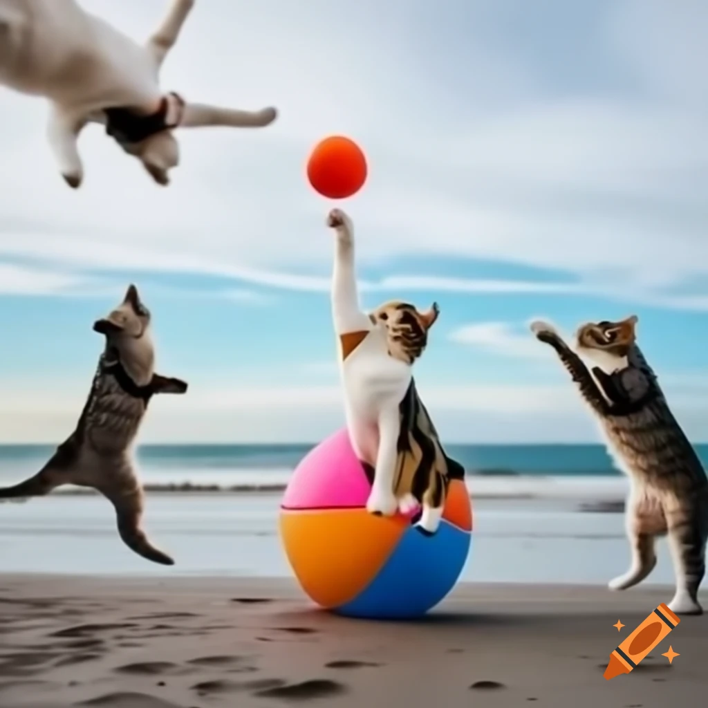 Cats playing with a ball and water gun
