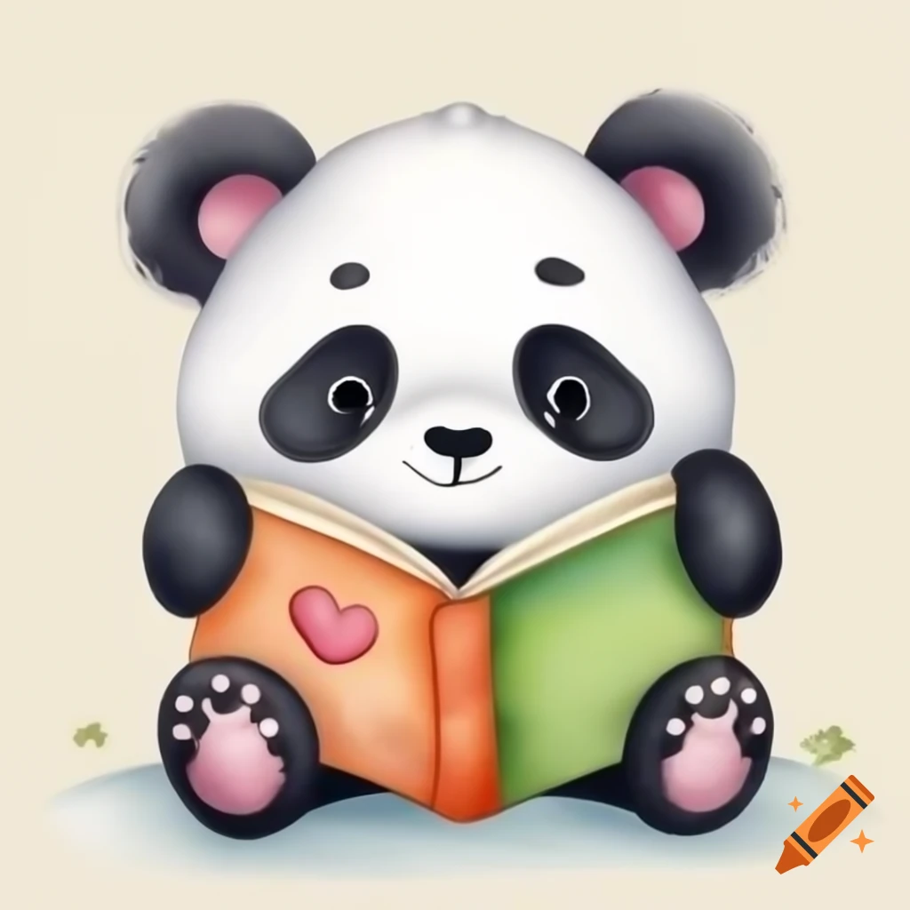 Cartoon of a little panda bear reading a book