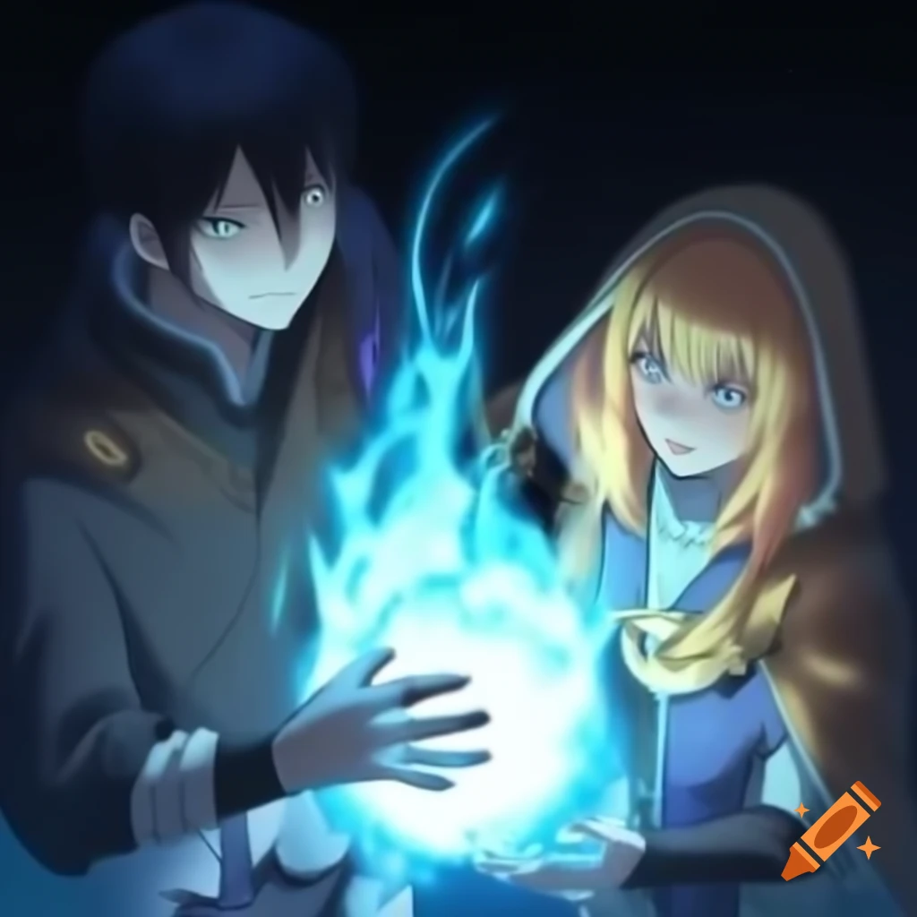 Anime characters representing air and water elementals holding hands