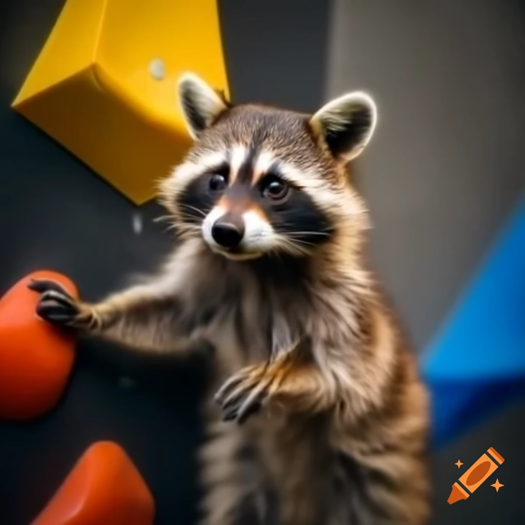 Raccoon climbing boulder wall at indoor climbing center