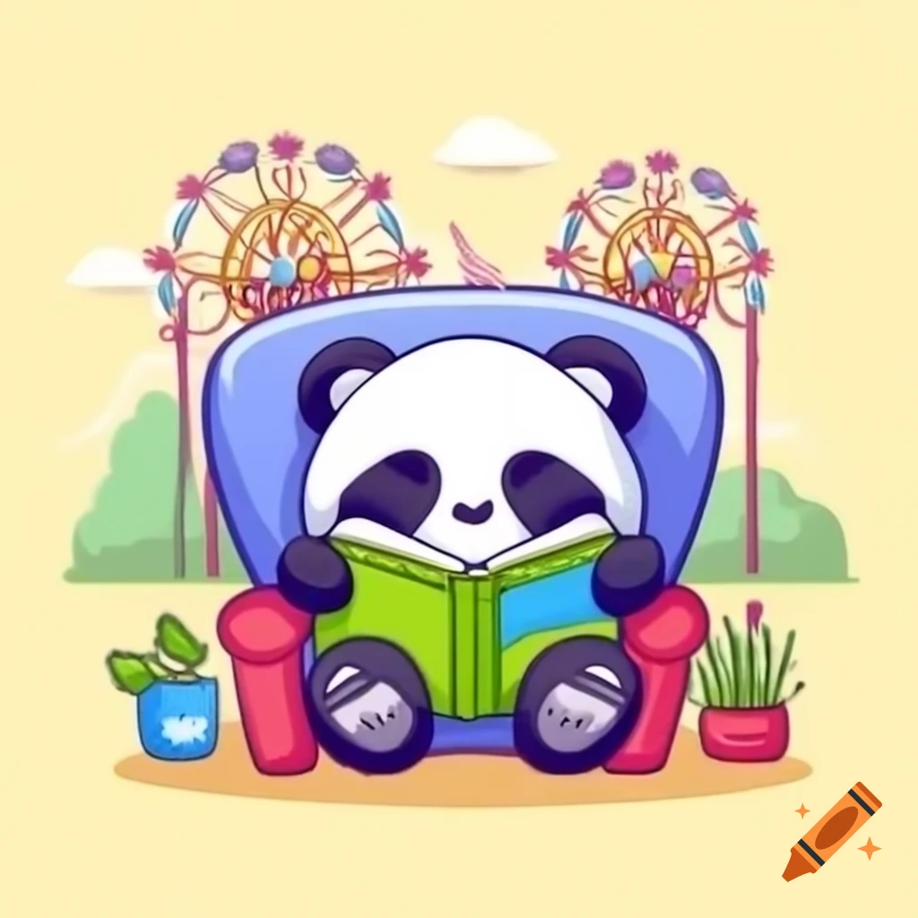 Cuddly panda bear snuggling in armchair reading a charming book