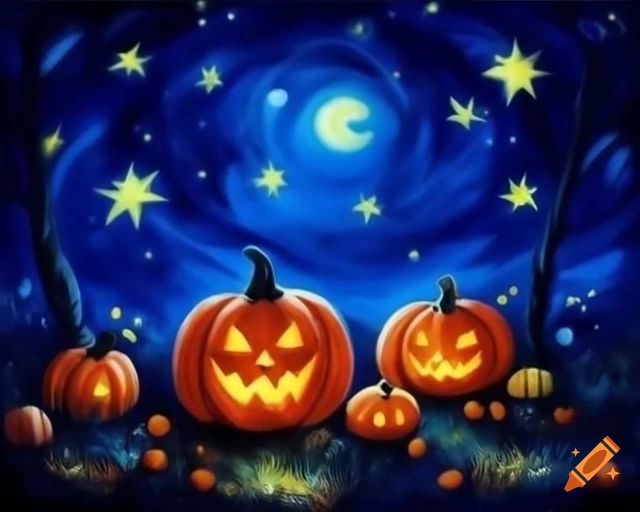 Oil painting of starry night featuring pumpkins