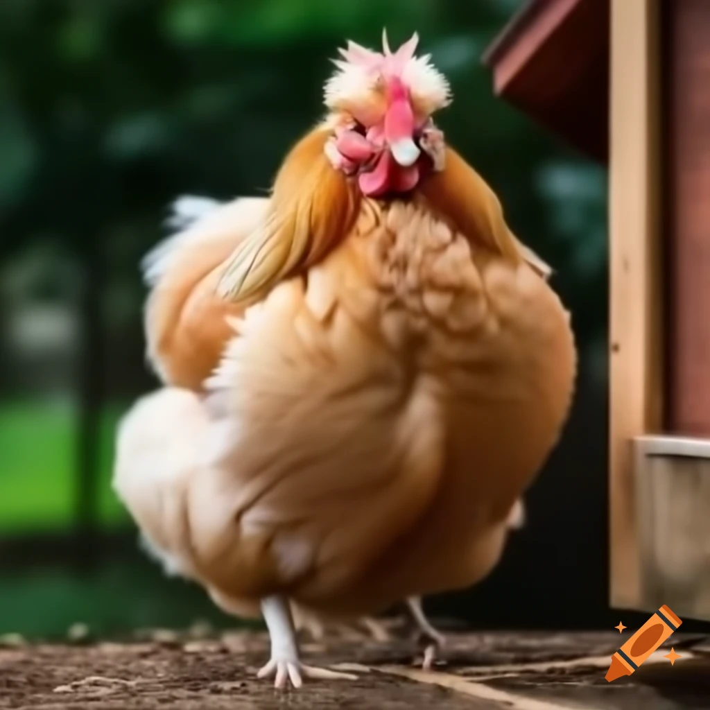 Plump chicken with fluffy feathers perched on farm yard coop