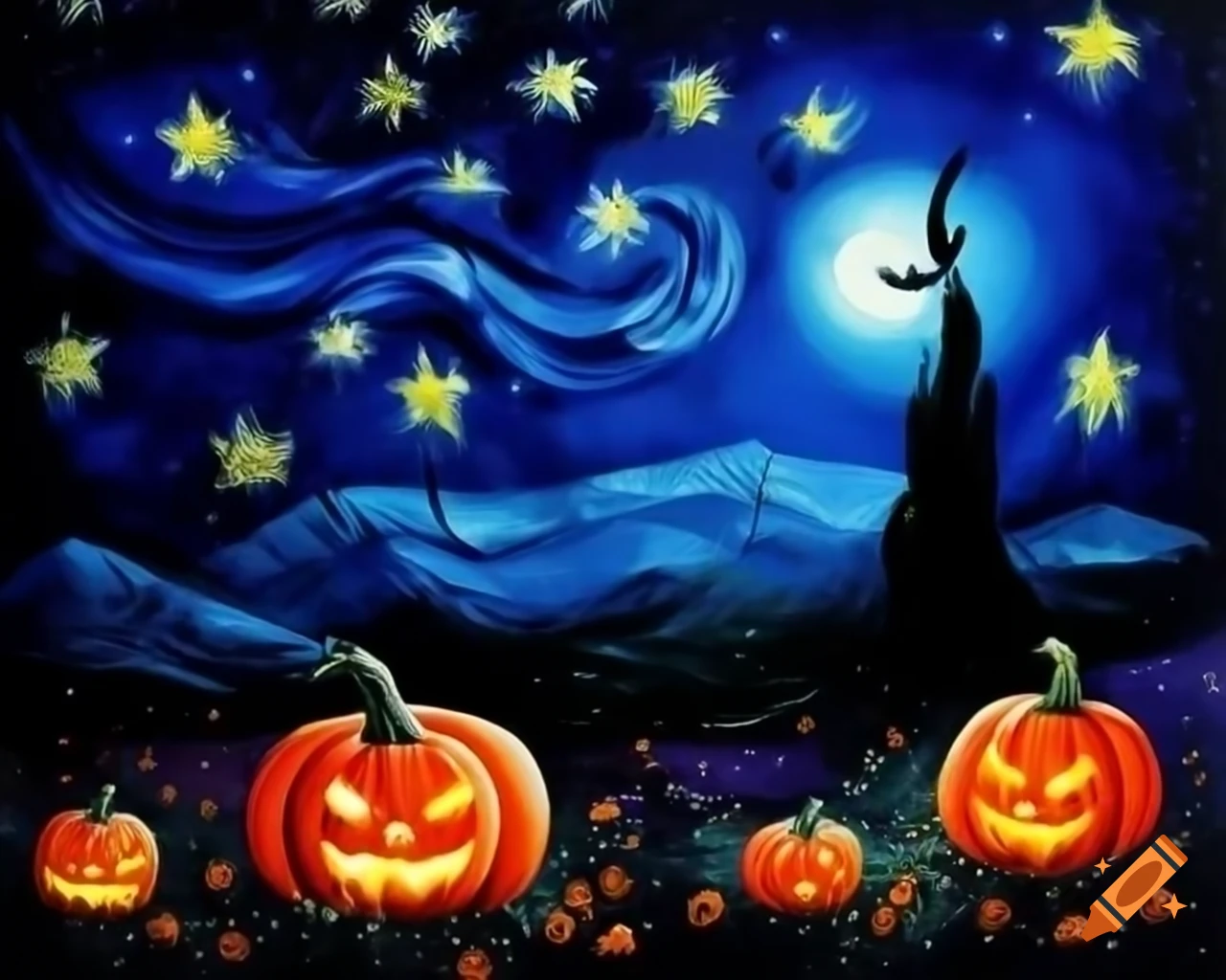 Oil painting of starry night featuring pumpkins