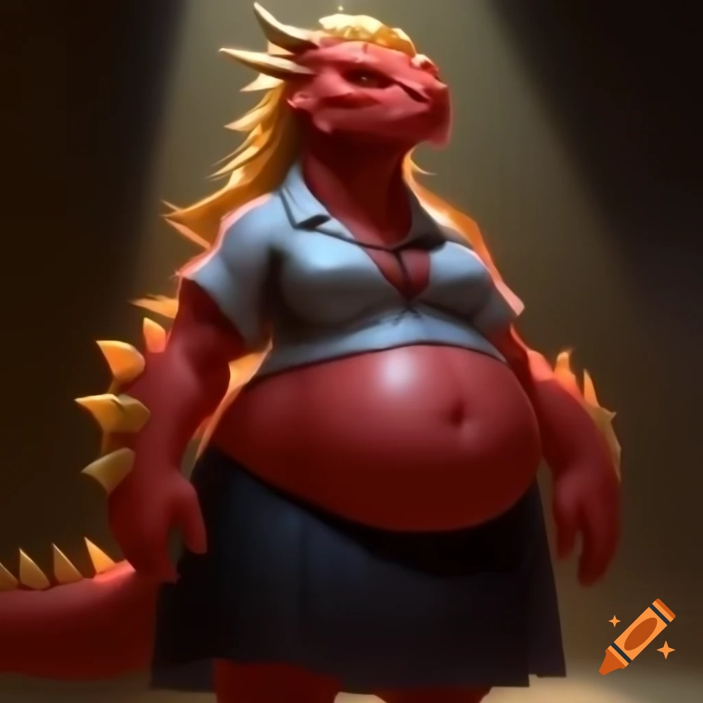 Obese female red dragon in skirt and shirt with dappled shadows, ultra ...