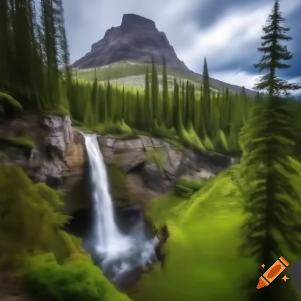 Beautiful waterfall cascading down a tree-covered mountain during monsoon season