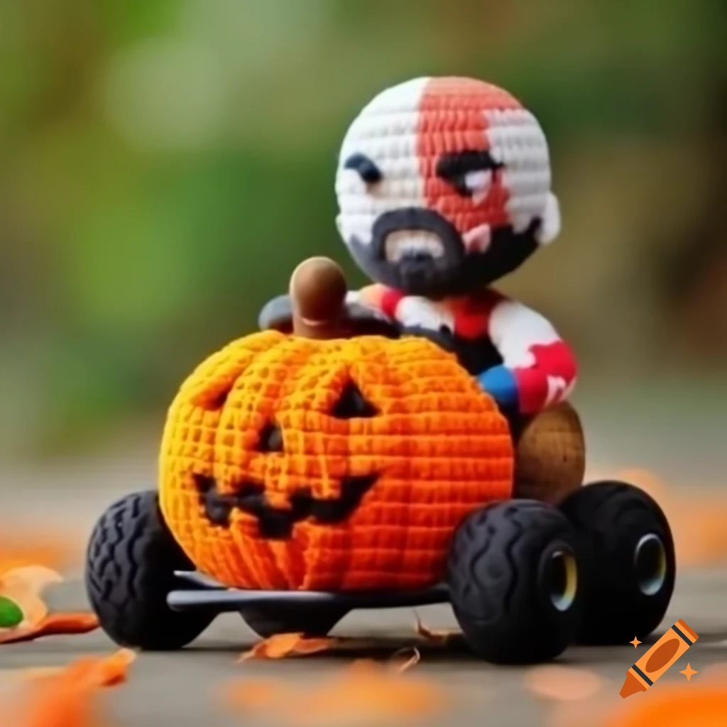 Kratos driving pumpkin-themed kart amigurumi figure, crocheted style