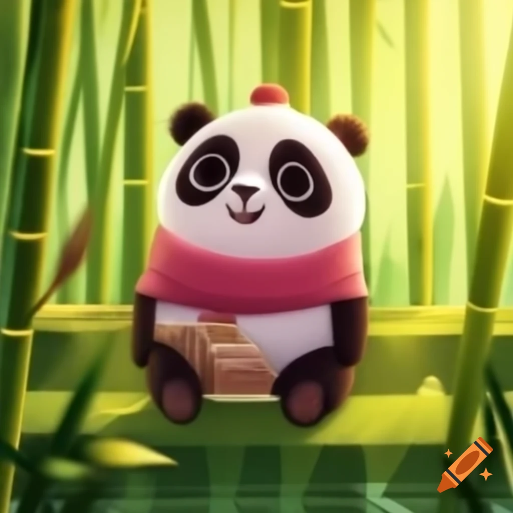 Cuddly panda in pink outfit enjoying sunny bamboo forest