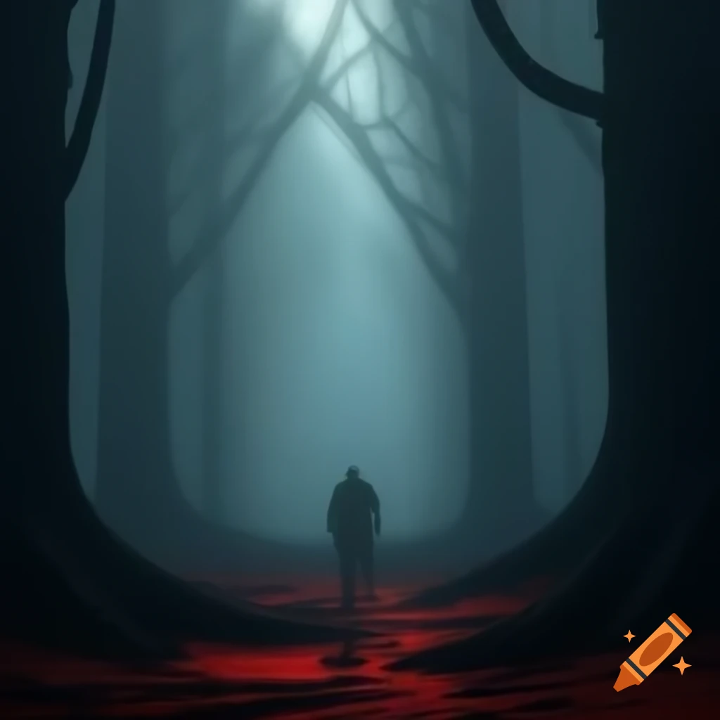 Eerie foggy forest with vampire hunter and distant vampire